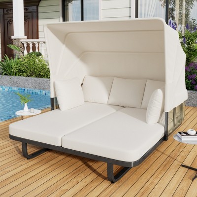 Whisen Outdoor Patio Daybed Rattan Daybed Outdoor Sunbed with Detachable Pillows