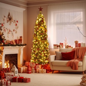 Pre-Lit Slim Pencil Christmas Tree with Pine Cones, Dual Color LED Lights, Lifelike PVC Branches, Sturdy Metal Base, Holiday Home Office Decor - 1 of 4