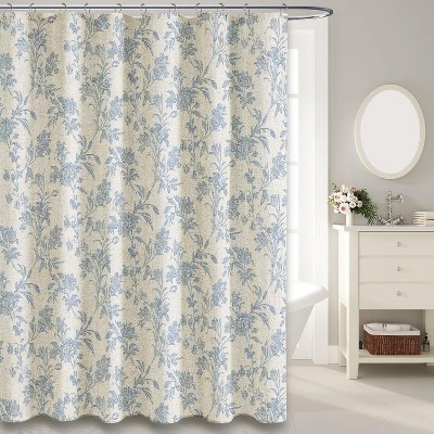 LunaLulinlk Beige Linen Shower Curtain Blue Cotton Floral Cottagecore Spring Shower Curtain