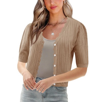 Womens Short Sleeve Knit Cardigan Sweater Summer Casual V Neck Button Down Crop Bolero Shrug Lightweight Crochet Tops Outwear