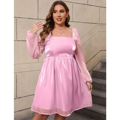 Coolmee Womens Plus Size Casual Square Neck Babydoll Mesh Puff Long Sleeve A-Line Mini Dress