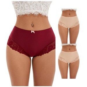 INSPIRE CHIC 3 Packs Women's Lace Trim High Waist Briefs Full-Coverage Lace Back Underwear Panties - 1 of 4