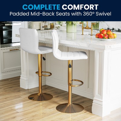 Modern White Vinyl Adjustable Swivel Bar Stools with Gold Base, Set of 2
