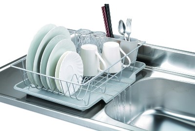Home Basics 3 Piece Vinyl Coated Steel Dish Drainer with Drip Tray, Silver