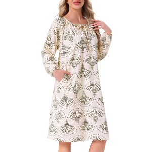 INSPIRE CHIC Womens Nightgown Floral Long Sleeve Pleated Raglan Sleeve Elastic Cuff Midi with Pocket Sleepwear Nightdress - 1 of 4