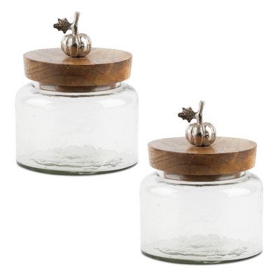 Glass Canister with Mango Wood Lid and Pumpkin Accent (Set of 2)