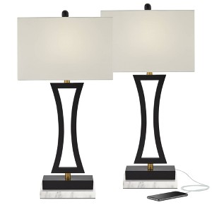 360 Lighting Roxie Modern Table Lamps Set of 2 with White Marble Riser 31" Tall Black USB Charging Port Rectangular Fabric Shades for Bedroom House - 1 of 4