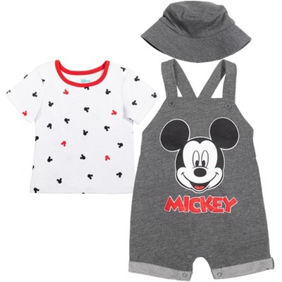 Image of Disney Mickey Mouse Newborn Baby Boys 3 Piece Outfit Set: Short Overalls T-Shirt Hat Grey 0-3 Months