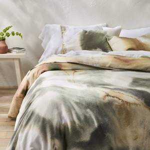 Juego de Funda de Edredón y Fundas de Almohada de Mezcla de Lino Pesado con Estampado de Acuarela Lavado - Casaluna™