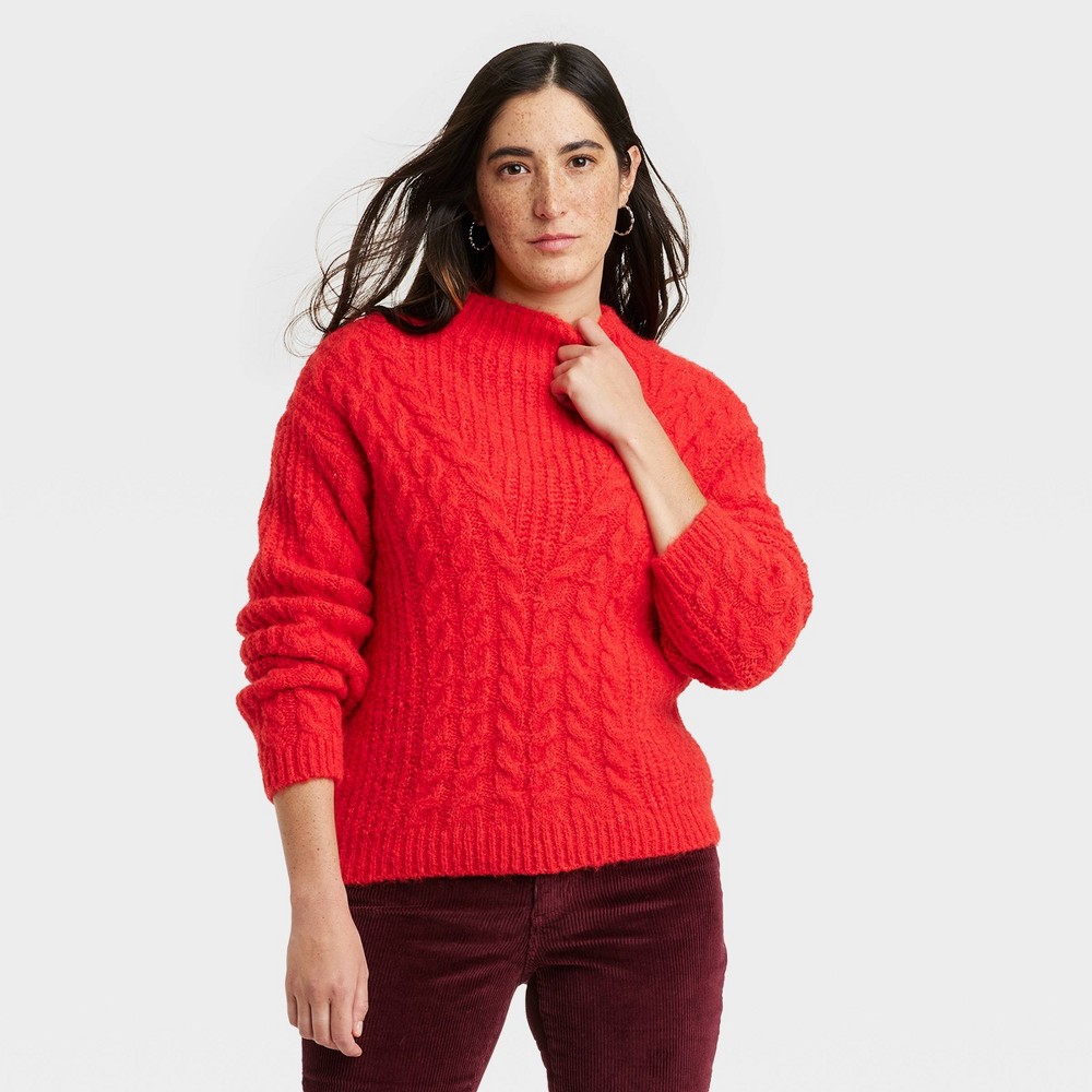 Size Medium, Women's Cable Mock Turtleneck Pullover Sweater - Universal Thread™ Red