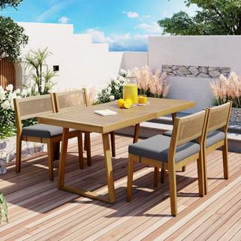 5-Piece Acacia Wood Patio Dining Set, Outdoor Furniture with Dining Table and Chair Set, Thick Cushions - Maison Boucle