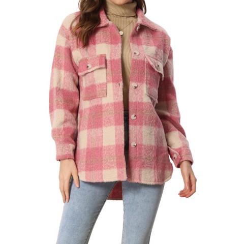 Allegra K Women's Plaid Flap Collar Button Front Pockets Shirt Jackets Pink Medium