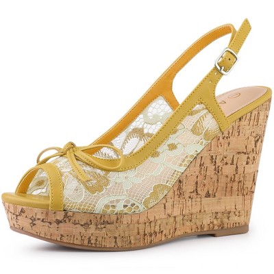 Allegra K Women's Casual Wood Platform Heels Bow Lace Wedge Sandals