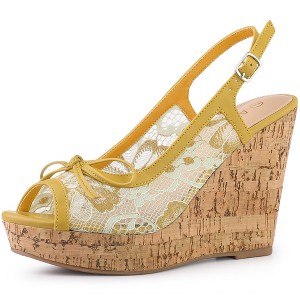 Allegra K Women's Casual Wood Platform Heels Bow Lace Wedge Sandals - 1 of 4