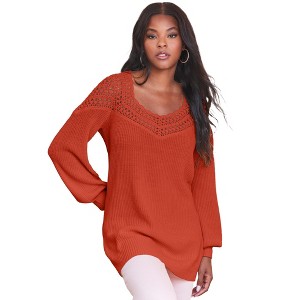 Roaman's Women's Plus Size Sweetheart Crochet Pullover Sweater - 1 of 4