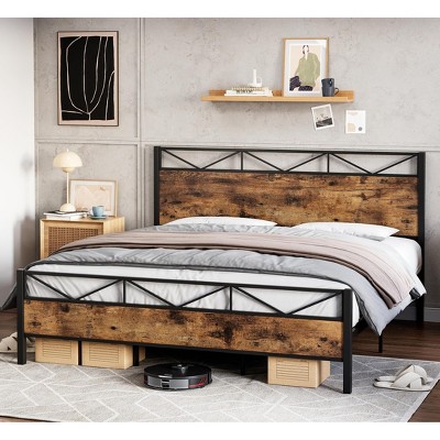 King Bed Frame, Metal Platform Bed Frame with Rustic Wood Headboard and Footboard