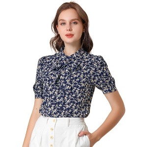 Allegra K Women's Stand Collar Bow Tie Floral Short Sleeve Work Shirt - 1 of 4