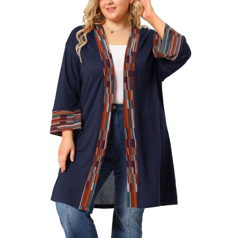 Agnes Orinda Women's Plus Size Contrast Placket Sleeves Knit Open Front Cardigans, 1 of 7