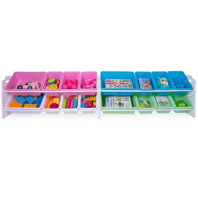 UNiPLAY Toy Organizer With 16 Removable Storage Bins and Block Play Panel, Multi-Size Bin Organizer (Pink)
