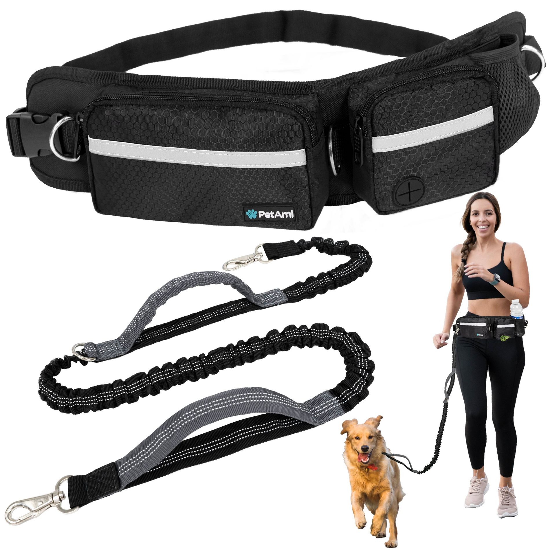PetAmi Hands Free Dog Leash, Running Belt Bag for Walking Jogging, Waist Double Zipper Pouch with Waste Bag Dispenser