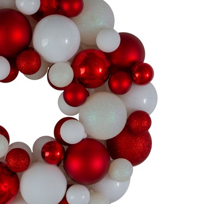 Festive Red and White 14" Shatterproof Christmas Ornament Wreath