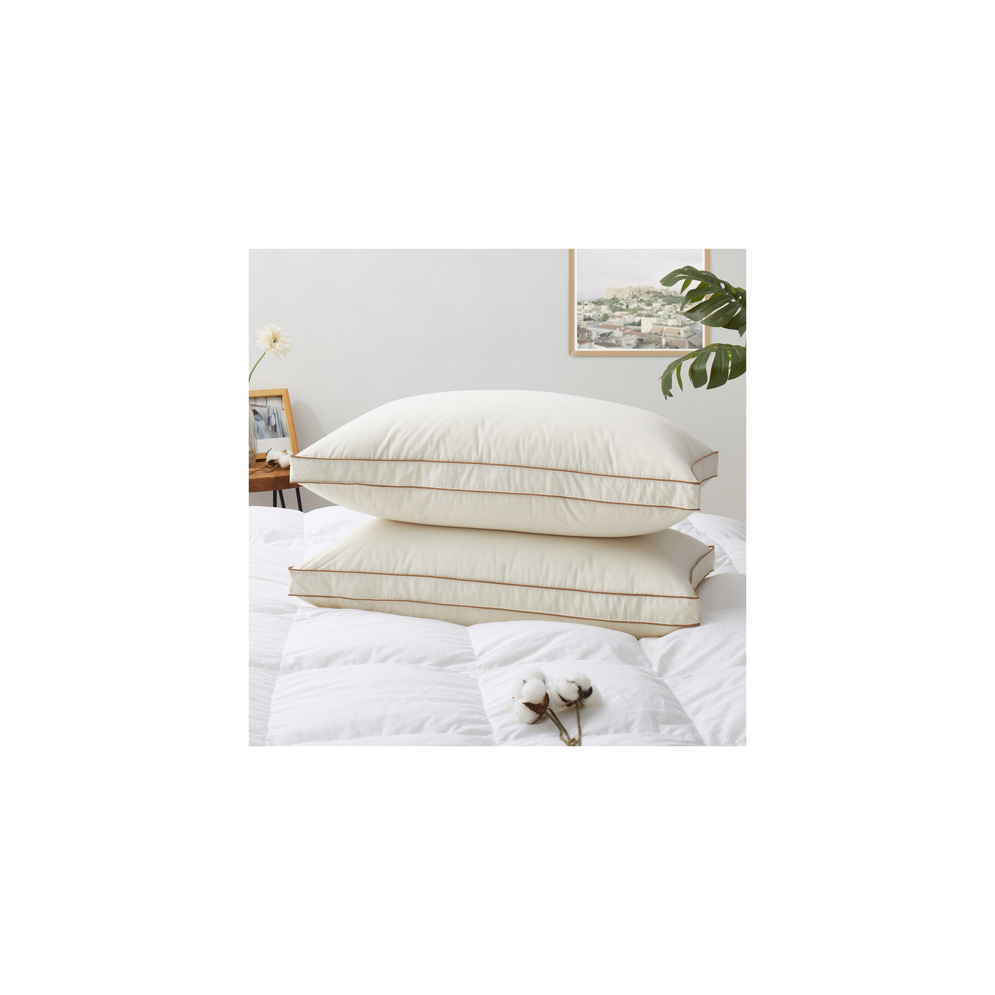 Puredown 100% Organic Cotton Down Feather Gusseted Bed Pillows Set of 2, Pillow-in-a-pillow design, Gusset, Standard