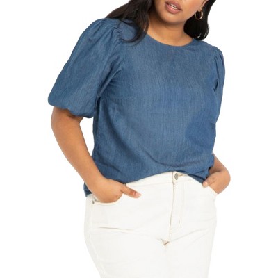 ELOQUII Women's Plus Size Denim Puff Sleeve Top