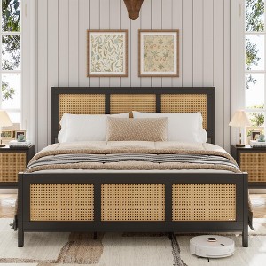 Full Size Rattan Bed Frame with Headboard, Black Boho Cane Platform Bed Frame with Strong Metal Slat - 1 of 4