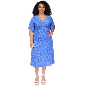 Michael Kors Womens Floral Print Tie V Neck Ruched Midi Dress - 1 of 1