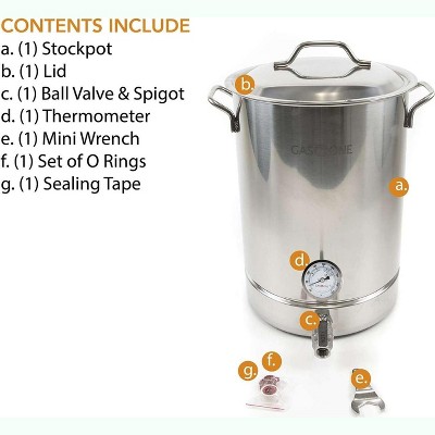 GasOne 8 Gallon Stainless Steel Home Brew Kettle Pot Pre Drilled 4 PC Set with Tri Ply Bottom, Stainless Steel Lid, Thermometer, Ball Valve Spigot