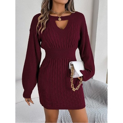 Coolmee Women's Pullover Sweater Dress Solid Hollow Neck Long Lantern Sleeve Dresses Crew Neck Cute Cable Knit Bodycon Mini Short Dresses S Red
