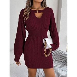 Coolmee Women's Pullover Sweater Dress Solid Hollow Neck Long Lantern Sleeve Dresses Crew Neck Cute Cable Knit Bodycon Mini Short Dresses L Red - 1 of 4