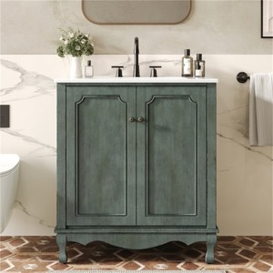 CIPACHO 31" White Vintage Bathroom Vanity with Faux Aged Finish Curved Profile Rubber Wood Legs - 1 of 4