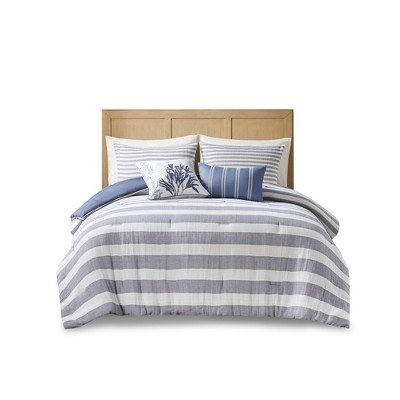 LIVN CO. 5 Piece White/Blue Stripes Oversized Cotton Comforter Set