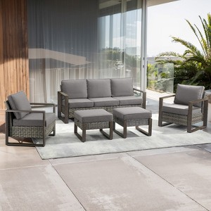 POCASSY 5PCS Outdoor Patio Furniture Set, Outdoor Sofa Couch Set with Patio Club Chairs and Ottomans, All Weather Wicker and Olefin Cushion Cover - 1 of 4
