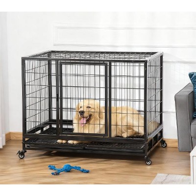 Heavy Duty Dog Crate Metal Cage Kennel, Strong Steel Frame Pet Cage with Lockable Wheels & Removable Tray, Black - Nertpow