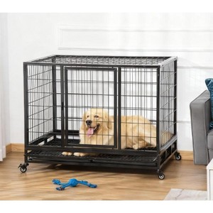 Heavy Duty Dog Crate Metal Cage Kennel, Strong Steel Frame Pet Cage with Lockable Wheels & Removable Tray, Black - Nertpow - 1 of 4