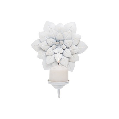 Distressed White Metal Floral Hanging Wall Sconce Pillar Candle Holder - Foreside Home & Garden