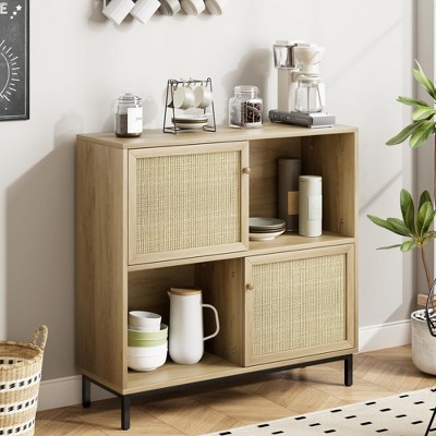 Coffee Bar Cabinet, Rattan Sideboard Buffet Cabinet with Sliding Door, Wood Wine Liquor Cabinet, 4 Storage Cube Display Accent Cabinet