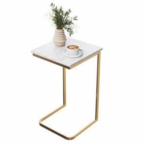 Lavish Home C-Shaped End Table - Real Marble Side Table with Gold Iron Frame for Couch, Loveseat or Bed - Modern Living Room Furniture, White - 1 of 4
