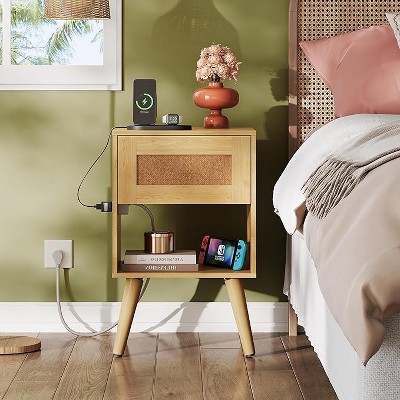 GALAXHERO Rattan Nightstands Set of 2 with Charging Station Boho Wood Side Tables Small End Tables with Drawers for Bedroom