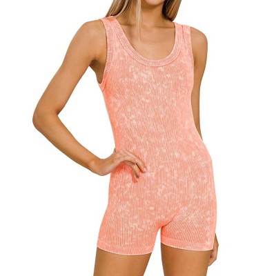 Women's Stone Washed Ribbed Seamless Romper - ZENANA