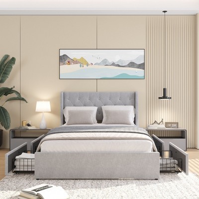 NicBex Full/Queen Upholstered Bed Frame with 4 Drawers,Wingback Headboard with Button Tufted Design,No Box Spring Needed,Easy Assembly,Light/Dark Gray