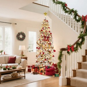 Christmas Tree 6FT Flocked Pencil Artificial Xmas Tree – Slim Snow Flocked Mixed PVC Branches with Metal Stand, Holiday Decoration for Living Room - 1 of 4