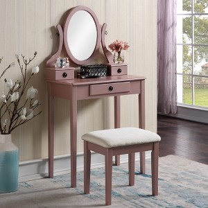 FONTOI 30"W Wood Makeup Vanity Table and Stool Set with Adjustable Oval Mirror 3 Storage Drawers for Bedroom Dressing Room, Rose Gold, 30"*16"*53" - 1 of 4