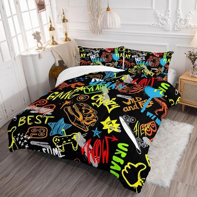 Acoinel 3 Pcs Graffiti-Style Dinosaur and Tiger Lightwight Ultra Soft Comforter Set with 2 Pillowcases, TWIN, Black