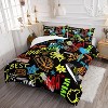 Game Comforter Set Twin Size – 3Pcs Graffiti Bedding with Dinosaur, Tiger & Gamepad Prints, Urban Street Art Quilt Set for Boys Men Women, Black - 3 of 4