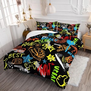 Acoinel 3 Pcs Graffiti-Style Dinosaur and Tiger Lightwight Ultra Soft Comforter Set with 2 Pillowcases, TWIN, Black - 1 of 4