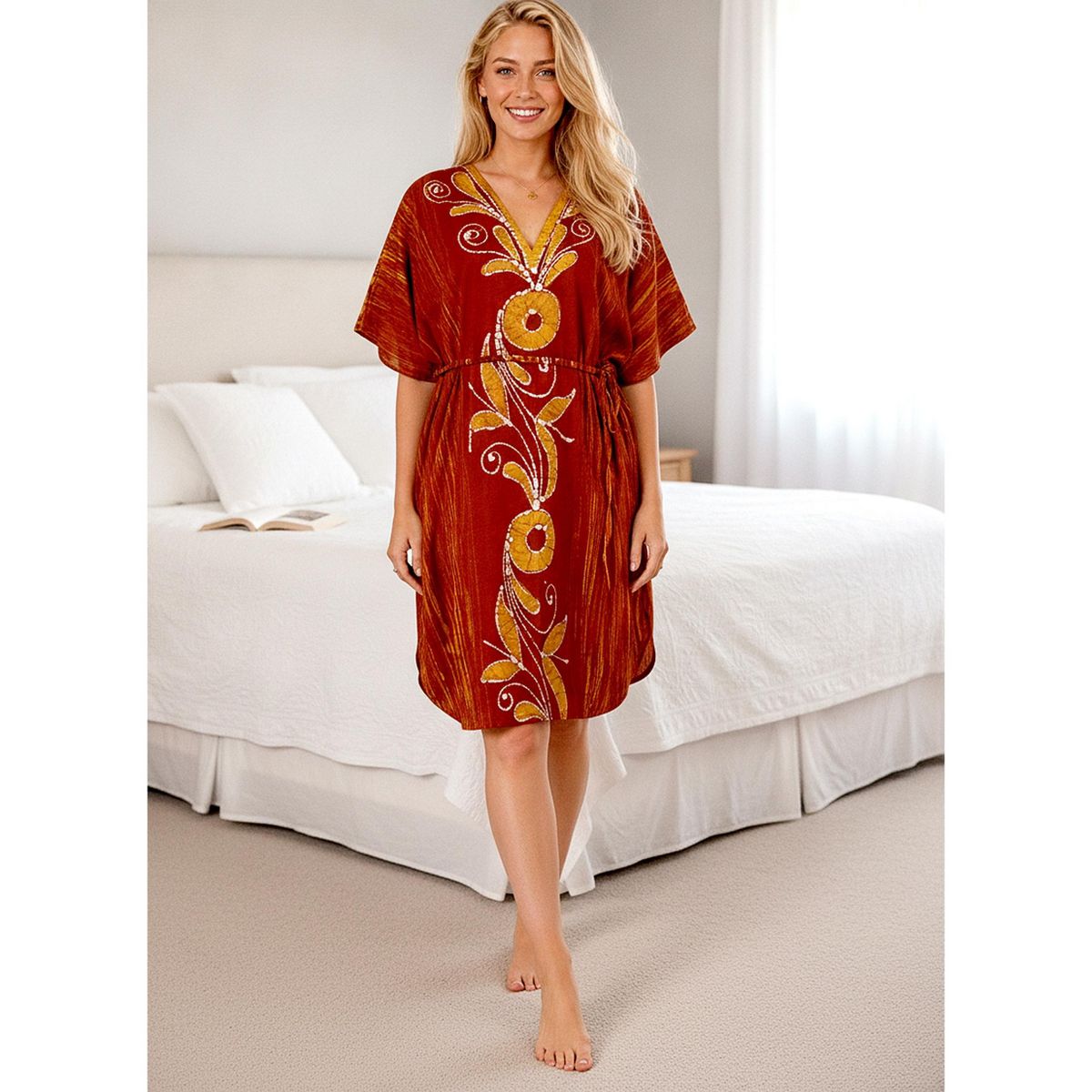 LA LEELA Summer Cotton Resortwear Caftan for Women Vacation Cruise Holiday Loungewear Maternity Friendly Beachwear Dress 2X-3X Red Paisley - thumbnail 3