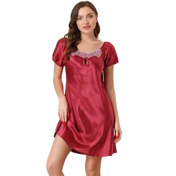 cheibear Women's V Neck Lace Trim Pajama Sleepdress Nightgown Red Small